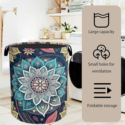 Bohemian Blue Flowers Laundry Basket, Dirty Clothes Basket, Water Resistant
