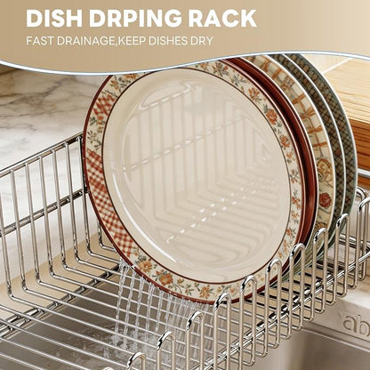 Dish Drying Rack in Sink, Extendable 304 Stainless Steel Dish Drainer for Kitchen Counter, Over The Sink with Utensil Holder, Corrosion Resistant Space Saving Drainage Basket