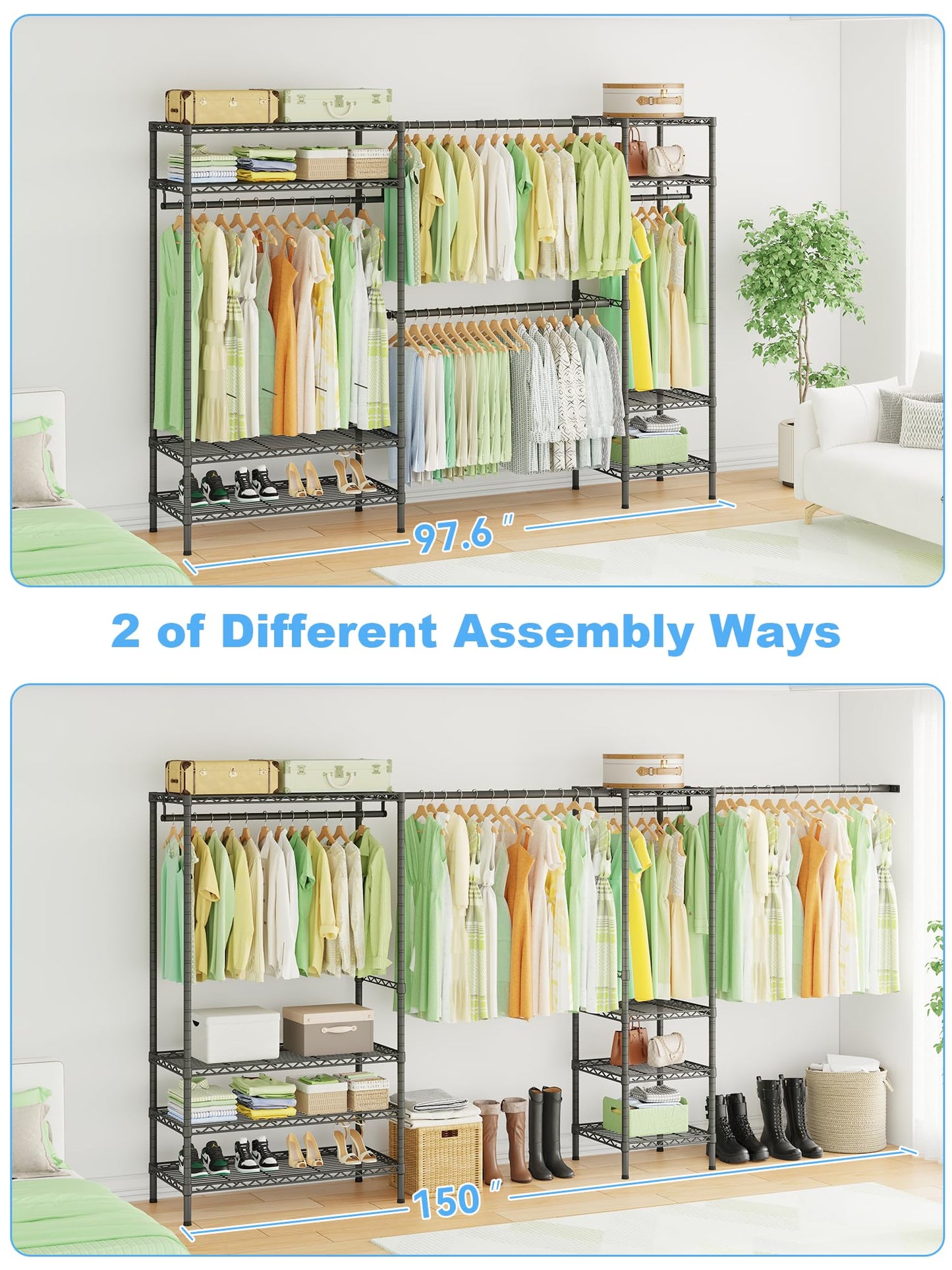 Ulif E11 Heavy-Duty Garment Rack, Metal Freestanding Clothes Rack and Closet Storage Organizer System with 8 Shelves and 4 Hanger Rods, (73.2-97.6)" W x 14.5" D x 71.2" H, Load 1034 LBS, Black