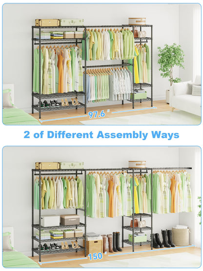 Ulif E11 Heavy-Duty Garment Rack, Metal Freestanding Clothes Rack and Closet Storage Organizer System with 8 Shelves and 4 Hanger Rods, (73.2-97.6)" W x 14.5" D x 71.2" H, Load 1034 LBS, Black