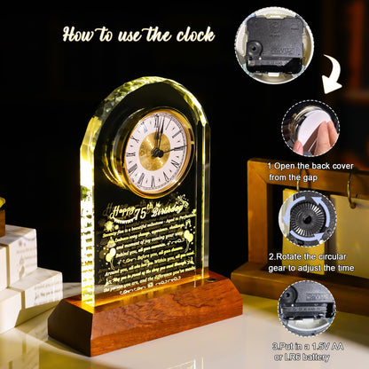 Arikyrist Happy 75th Birthday Glass Clock Gifts for Women, Men - 75 Year Old Birthday Gift with Wooden Light Base for Her Him, Turning 75 Quartz Clock Gift Idea for Parents Unique Desk Decoration