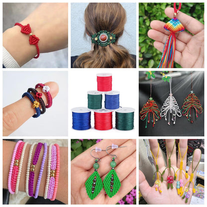 Craftora 6 Rolls 0.8 1mm Nylon Beading Twine for Frienship Bracelets,Red Blue Green Chinese Knotting Cord Kumihimo Macrame Thread for DIY Wind Chime Necklace Jewelry Making Craft