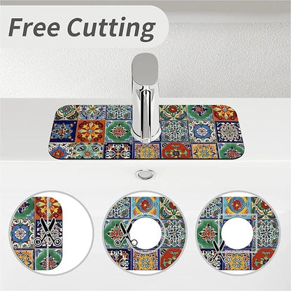 Kitchen Sink Splash Guard，Colorful Mexican tile Faucet Mat Sink Gadgets-Super