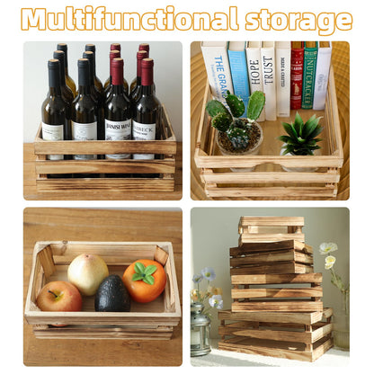 MACVAD Set of 4 Large Torched Wood Decorative Storage Crates, Nesting Wooden Crates for Display Rustic, Farmhouse Wooden Storage Container Boxes Made from 100% Wood