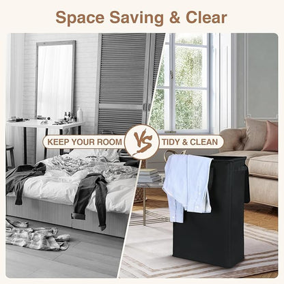 Slim Laundry Basket with Lid and Handles, Foldable Laundry Basket