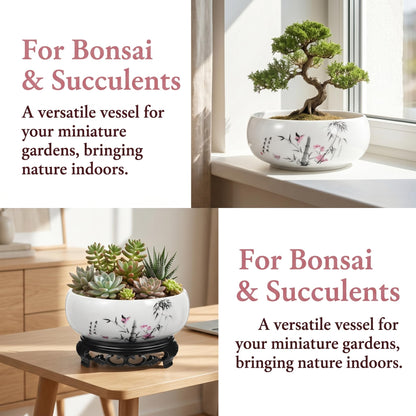 Homoyoyo Ceramic Lotus Bowl, Planter Hydroponic Water Lily Bowl 6.9In Aquatic Plant Pot Wide Shallow Bonsai Planter Succulent Pot Chinese Style Flower with Plastic Base for Indoor Plants Garden