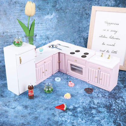 Haomian 1:12 Scale Dollhouse Kitchen Furniture Set, Pink Wooden Miniature L-Shaped Kitchen Cabinets with Fridge Sink Stove, Doll House Kitchen Accessories for Role Play DIY Decor Collectibles