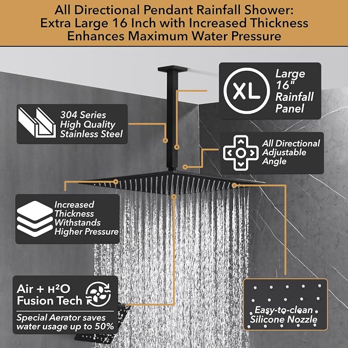 VANFOXLE Shower Faucet Set Matte Black Shower System, Push Button Diverter Shower Faucet with Trim Kit, Ceiling Mount 16 Inch Shower Head Increased Thick, 6 Inch Side Shower Head, 2-in-1 Handheld