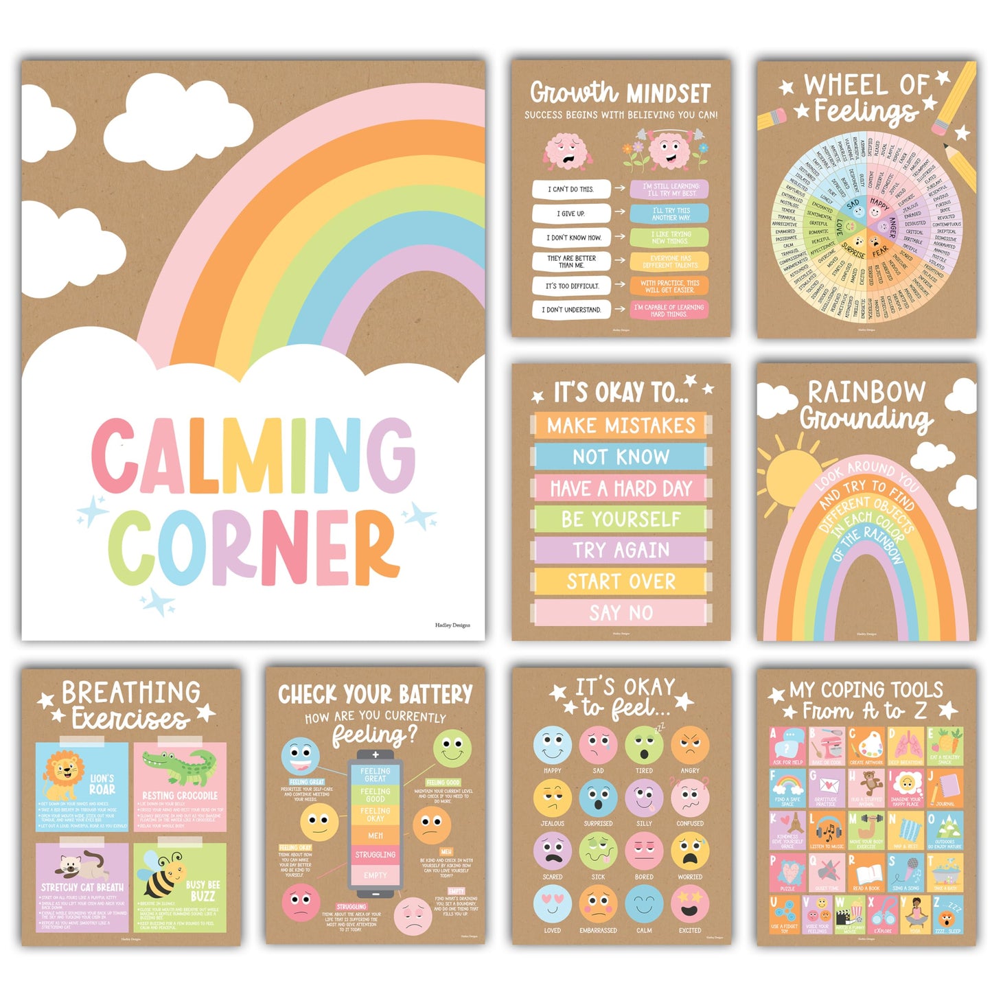 Hadley Designs 9 Calming Corner Posters for Classroom Must Haves - Calm Down Corner Supplies with Emotions Chart, School Counselor Mental Health Poster, Feelings Chart For Kids, Kraft Classroom Decor