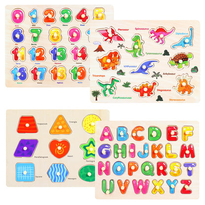 Melofaver Montessori Wooden Peg Puzzles for Toddlers 3 4 5 Year Old, 4 Pcs Kids Educational Toys Preschool Learning Activities-Alphabet, Shape, Number and Dinosaur, Baby Puzzle Gifts for Boys Girls
