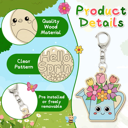 Haooryx Diy Wood Craft Kit - 24 Pcs Paint Decorate Your Own Hello Spring Cute Flower Animals DIY Wooden Art Painting Blank Keychains Wood Craft Kit Creative Activity Birthday Party Favors Goodie Bag