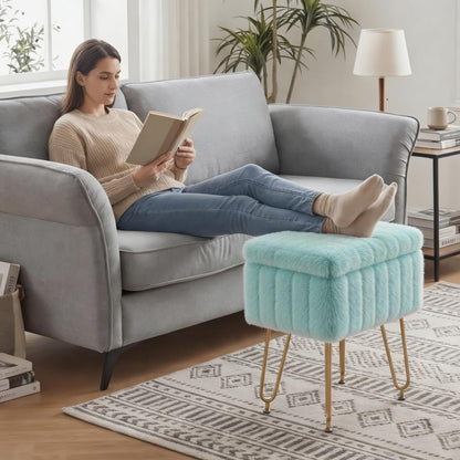OLIXIS Vanity Stool Chair Faux Fur with Storage, Soft Ottoman 4 Metal Legs with Anti-Slip Feet, Makeup Cute Soft Small Footstool, Modern Style Faux Fur Seat for Makeup, Bedroom Dresser, Mint Green