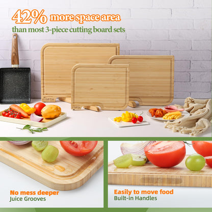4-PCS Bamboo Cutting Board Set with Innovative Stand - Durable Double Sided Wooden Cutting Board with Juice Groove & Handle for Meal Prep, Meat, Charcuterie Serving, Eco-Friendly Healthy Kitchen Gift