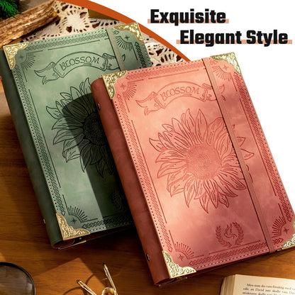 Ovesmusl Sunflower PU Leather A5 Binder 6 Ring Refillable Journal Cover No Inserts A5 Planner Binder Loose Leaf Binder for Notebook 5.7”x8.3” with Elastic Closure, Green