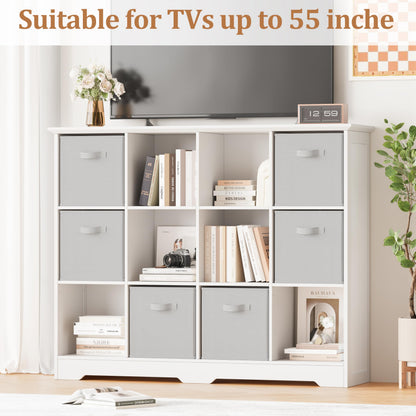 METOTI 12 Cube Storage Organizer Shelf, Wood Cubby Storage with 6 Fabric Drawers, 3 Tier Wooden Bookshelf with 2 Adjustable Shelves & Fluted Side Panels for Bedroom, Living Room, Home Office, Whtie