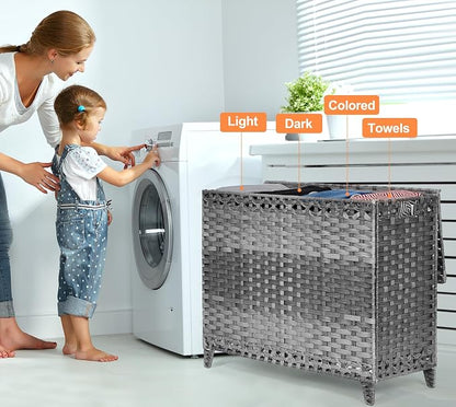Laundry Hamper with 4 Removable Liner Bags; 176L Handwoven Rattan Laundry Basket with Lid & Heightened Feet; Clothes Hamper with Side Handles