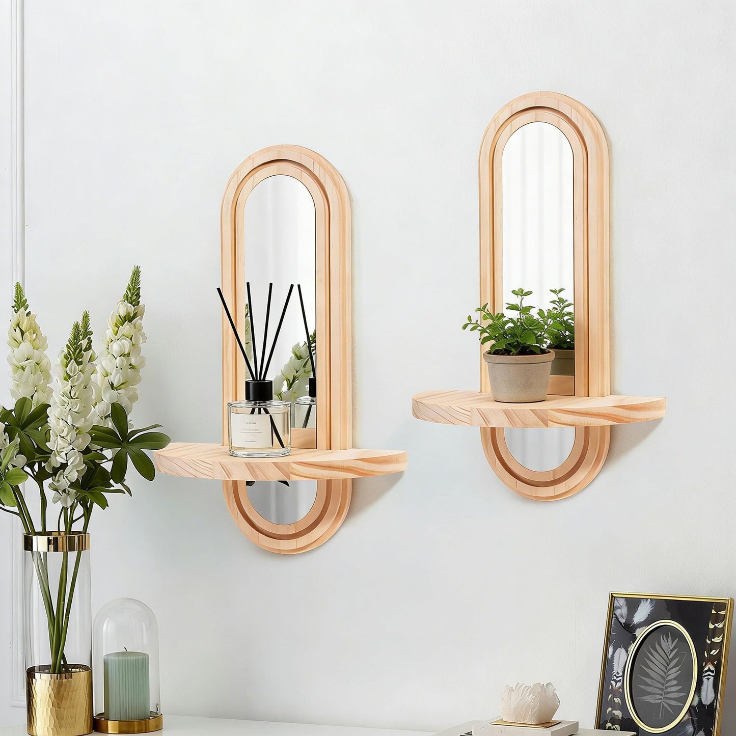 WUTAOBON Wooden Wall Floating Shelves, 2PC Boho Arched Wall Shelf,Decorative Mounted Display Shelf with Acrylic Frameless Mirror, Nature Wood Shelves for Home Holding Planter Decoration