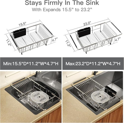 MAJALiS Dish Drying Rack Over The Sink with Utensil Holder, Mat | Expandable Stainless Steel Dish Drainer for Small Kitchen, Apartment, RV, Counter Space Saving, Perfect Fit, Rustproof