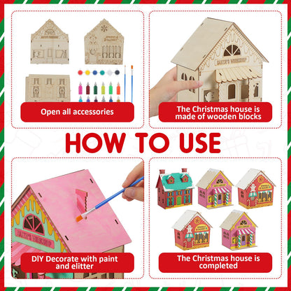 Thyle 6 Pcs DIY Wooden Christmas Gingerbread House Paints Kit, Unfinished Paint and Sip Kit Wooden 3D Holiday House for Adult Craft with Glitter Glue Paint Pen for Christmas Girl Night Art Favor Decor