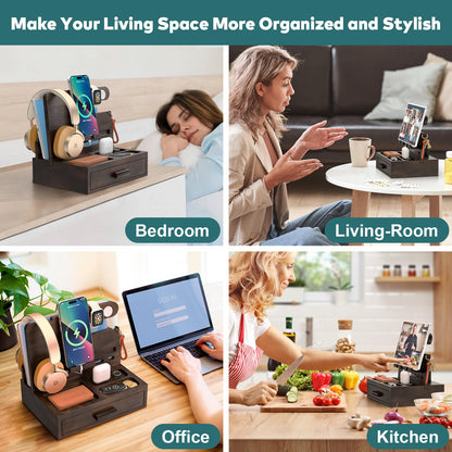 Sephyroth Rustic Wooden Phone Stand Organizer with Drawer Storage, Brown