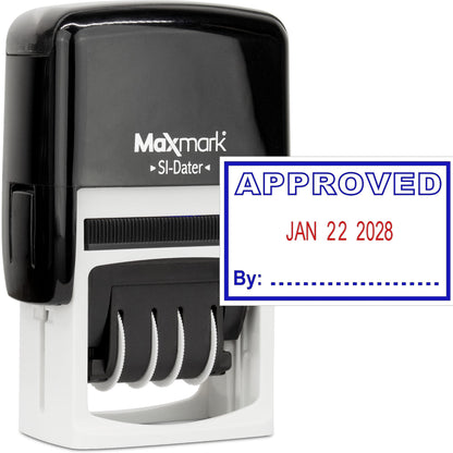 MaxMark Office Self Inking Date Stamp with Phrase Approved - 2 Color Blue/Red Ink