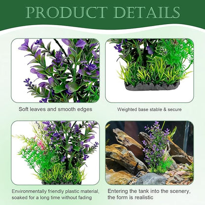 Aquarium Plants (2-Pack) Artificial Plastic Fish Fish Habitat Decor, Small to Moderate Size Aquarium Decorations, Safe Green Plants for Freshwater Tanks (Purple & Green Mix)