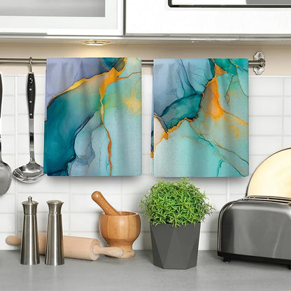 Teal Gold Kitchen Towel Set of 4 Soft Absorbent Marble Texture Turquoise