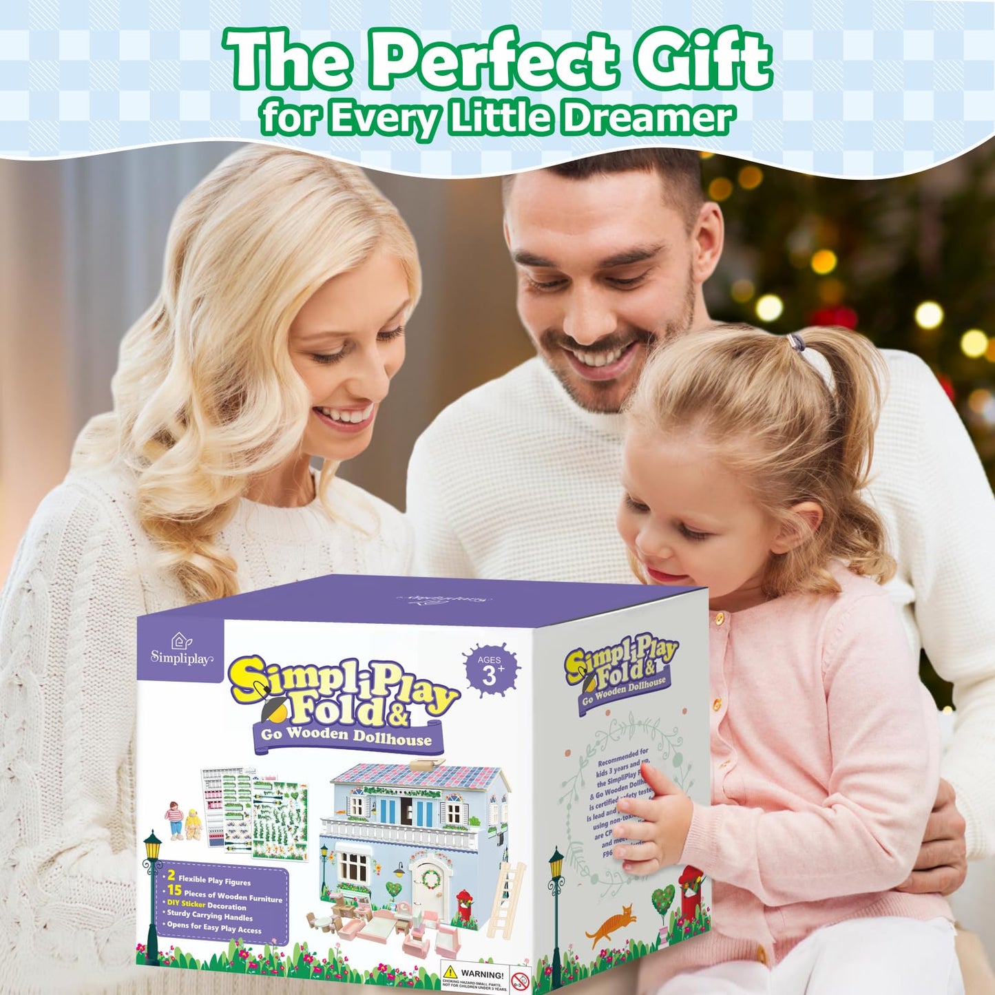 SIMPLIPLAY DIY Portable Wooden Dollhouse, Pretend Play Doll House Set with 4 Rooms, 13 Furnitures, 2 Dolls, 3 Sticker with 2 Styles, 1 Wooden Ladder, Doll House for 3+ Year Old Kids Boys Girls Gift