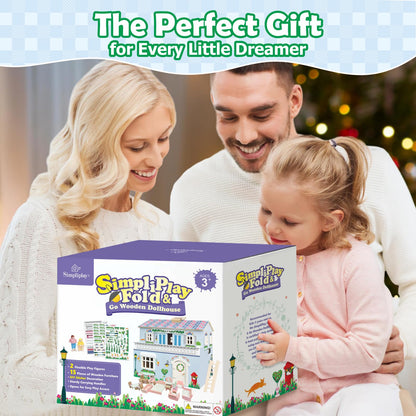 SIMPLIPLAY DIY Portable Wooden Dollhouse, Pretend Play Doll House Set with 4 Rooms, 13 Furnitures, 2 Dolls, 3 Sticker with 2 Styles, 1 Wooden Ladder, Doll House for 3+ Year Old Kids Boys Girls Gift
