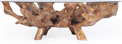 CHIC TEAK Genuine Teak Wood Root Coffee Table Including 55 Inch Round Glass Top Made