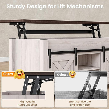 SEDETA Lift Top Coffee Table, Farmhouse Lift Tabletop Dining Table, Gas Spring, Hidden Compartment, Open Storage Shelf, for Living Room, Vintage White
