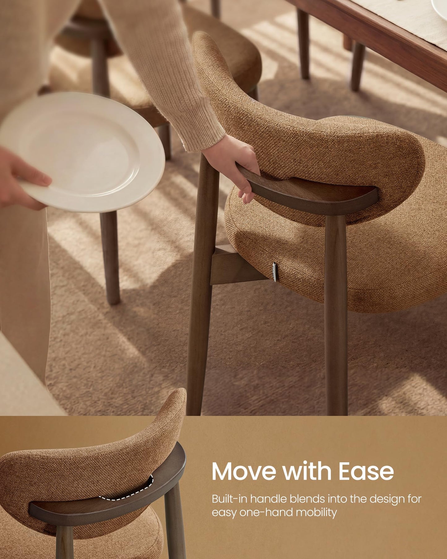 VASAGLE Wooden Dining Chairs Set of 2, Upholstered Kitchen Chairs with Solid Wood Legs, Ergonomic Curved Backrest, Built-in Handle, Mid Century Modern, for Kitchen Dining Vanity, Caramel Brown