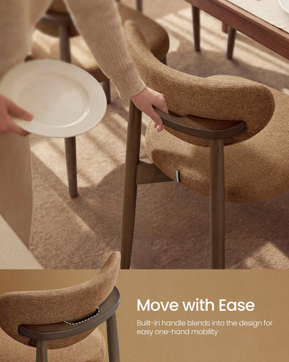 VASAGLE Wooden Dining Chairs Set of 2, Upholstered Kitchen Chairs with Solid Wood Legs, Ergonomic Curved Backrest, Built-in Handle, Mid Century Modern, for Kitchen Dining Vanity, Caramel Brown