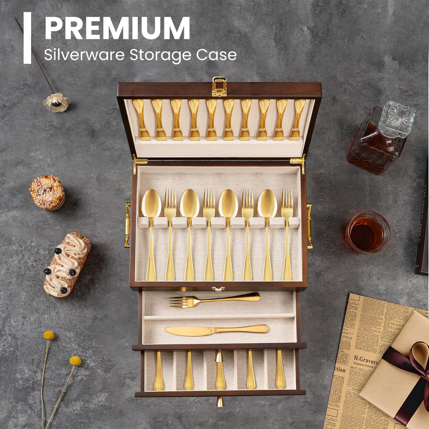 Yoimori Silverware Storage Box, 3-Layer Flatware Storage Case with Drawer, Wooden Silverware Chest with Handle and Linen Liner, Rustic Silverware Case for Storing Fine Flatware and Utensils (Walnut)