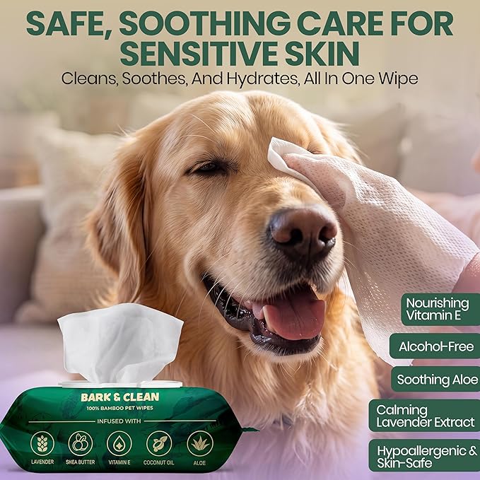 Bark & Clean Bamboo Dog Wipes for Cleaning & Deodorizing - 8.5" x 9" 110 Compostable Hypoallergenic Pet Wipes for Dogs - Paws, Butt & Body - Puppy Face, Ear & Eye Cloths - Pet Supplies