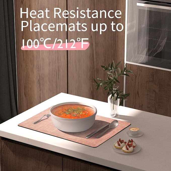 Maxpearl Faux Leather Placemats Set of 4 - Waterproof - Wipe Clean - Heat Resistant - Anti Slip Dining Table Place Mats, Suitable for Indoor & Outdoor Use, 17’’×12’’, Peachy Pink
