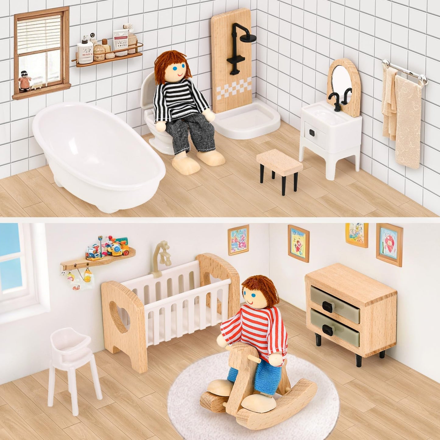 Toyssa Dollhouse Furniture Set, 36PCS Beech Wood and Plastic Miniature Doll House Accessories with Modern 5 Rooms & 4 Flexible Family Dolls, Pretend Play Toys Birthday Gift for Toddlers 3 4 5 6