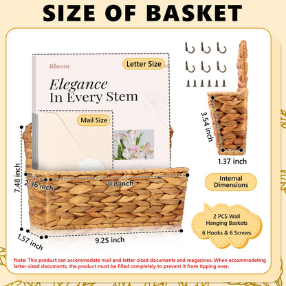 2 Pcs Woven Mail Holder Wall Mount Basket 9.25x1.57 Inch Rattan Wall Letter Holder Wicker Wall Basket Storage Water Hyacinth Hanging Storage Basket with Hooks Magazine Basket for Mail Envelope Office