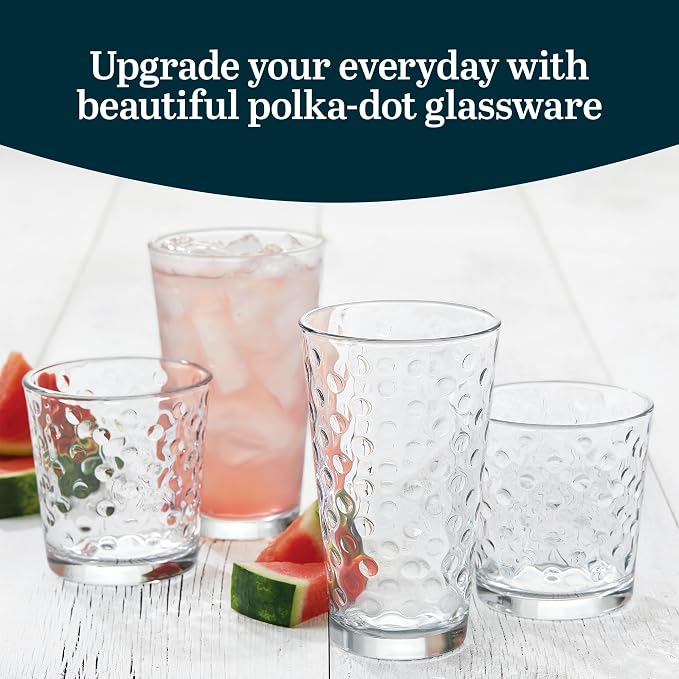 Libbey Awa Tumbler and Rock Glasses Drinking Set, Elegant Polka Dot Drinking Glasses Set of 16, All Purpose Glass Cups Set for Events and Everyday Use