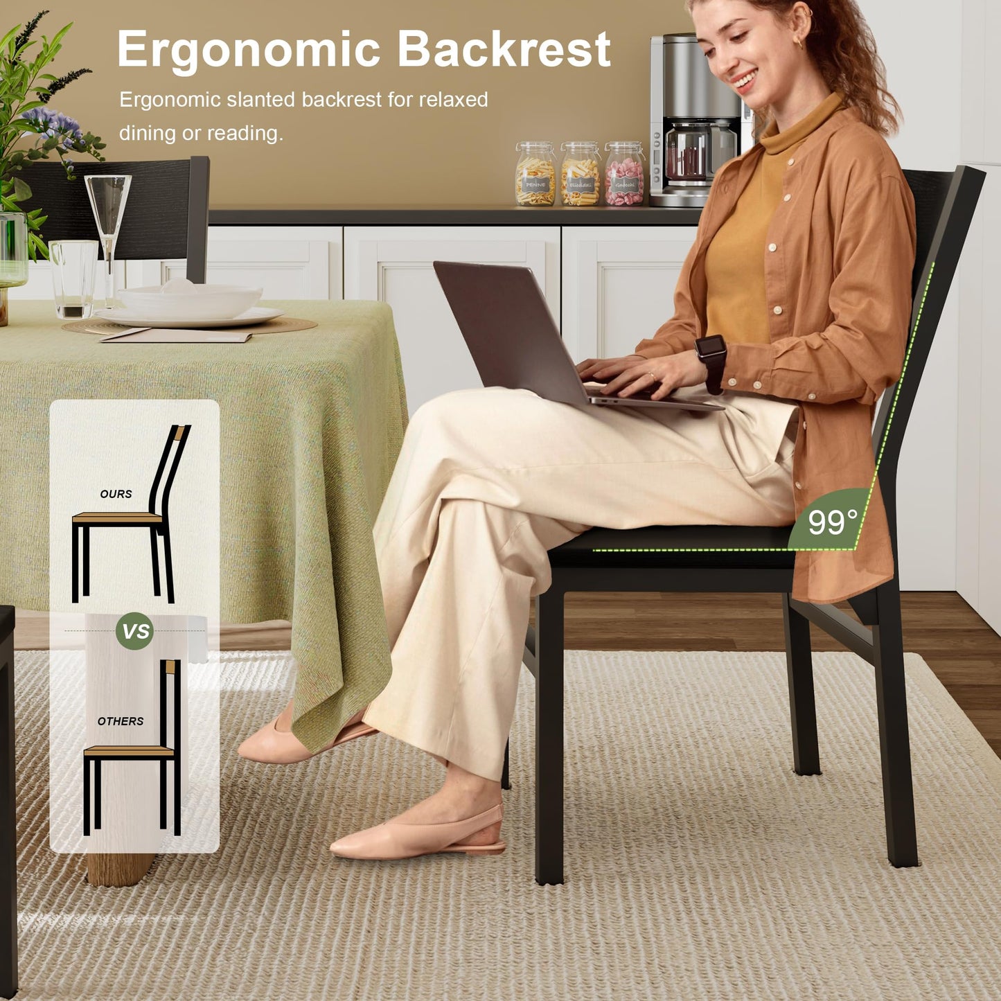 Feonase Dining Chairs Set of 6, Modern Kitchen Chairs with Ergonomic Backrest, MDF Board and Metal Legs, Dinner Chairs for Dining Room, Kitchen and Living Room, Easy Assembly, Black