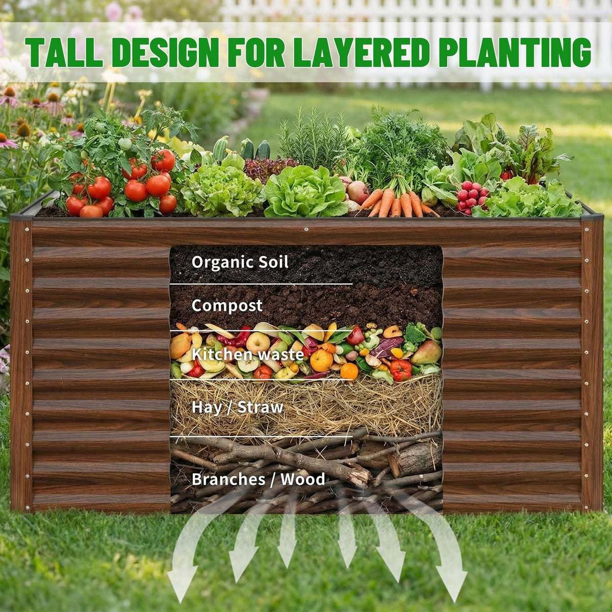 SnugNiture 36" Tall Raised Garden Bed, Easy Gardening at Waist Height, 8x4x3ft Large Galvanized Metal Outdoor Planter Box for Vegetables Flowers, Brown