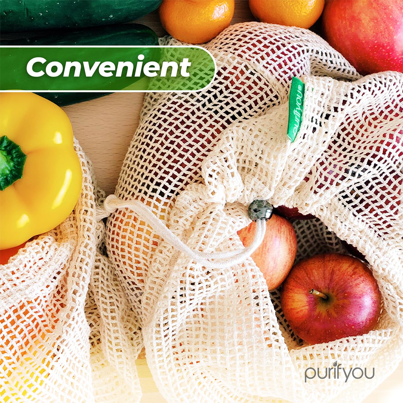 purifyou Set of 9 Reusable Produce Bags, Heavy Duty Washable Mesh Grocery Bag with Drawstring, Ideal for Farmers Market, Beach, and Refrigerator Storage (Extra Large, Large, Small)