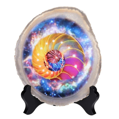 Rockcloud Colorful Space Agate Slab Display with Wooden Stand Irregular Shape Agate Slice Stone Home Office Desk Ornament, 3.9"-4.7"