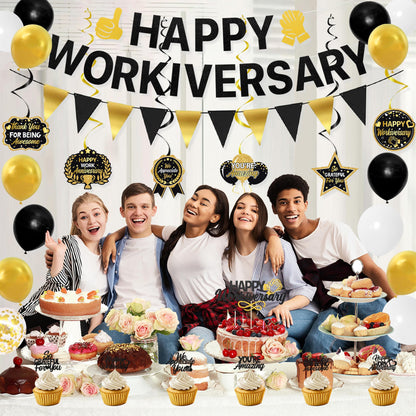 Roetyce Work Anniversary Party Decorations, Black Gold Happy Workiversary Banner Cake Topper Balloons Hanging Swirls, Work Anniversary Backdrop Background for Employee Coworker Office Party Supplies