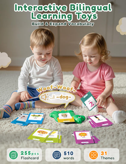 Arabic and English Talking Flash Cards for Kids, 510 Sight Words Bilingual Learning Toys for Toddlers, Arabic Alphabet Flashcards Pocket Speech Therapy Toys, Dinosaur Shaped