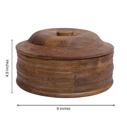 Handcrafted Wooden Mexican Tortilla Warmer Basket Indian Chapati Roti Bread Holder Box Pancake Keeper Serveware Hot Pot Casserole Dish With Lid Home Kitchen Dining Decor, Natural Brown, 9 x 4.5 Inches