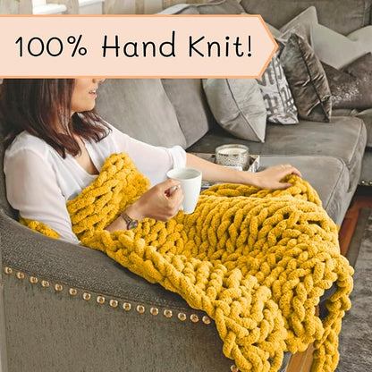 Adyrescia Chunky Knit Blanket Throw | 100% Hand Knit with Jumbo Chenille Yarn (30"x40", Harvest Yellow)