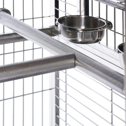 Prevue Pet Products Imperial Extra Large Stainless Bird Cage - Big Birdcage Ideal for Parrots, Cockatoos, Macaws, Included Perch and Cups, Durable Cage with Wheels - Gray, Extra Large