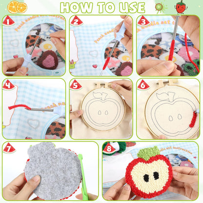 Justforjoyful 6 Set Punch Needle Embroidery Coasters Craft Kits Punch Needle Refrigerator Magnets Kit Tool Threader Fabric for Christmas Winter Beginners Adults DIY Handmade Gifts Party(Fruit)
