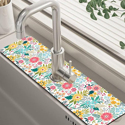 Colorful Floral Leaves Berries Kitchen Sink Splash Guard Mat Absorbent Fast
